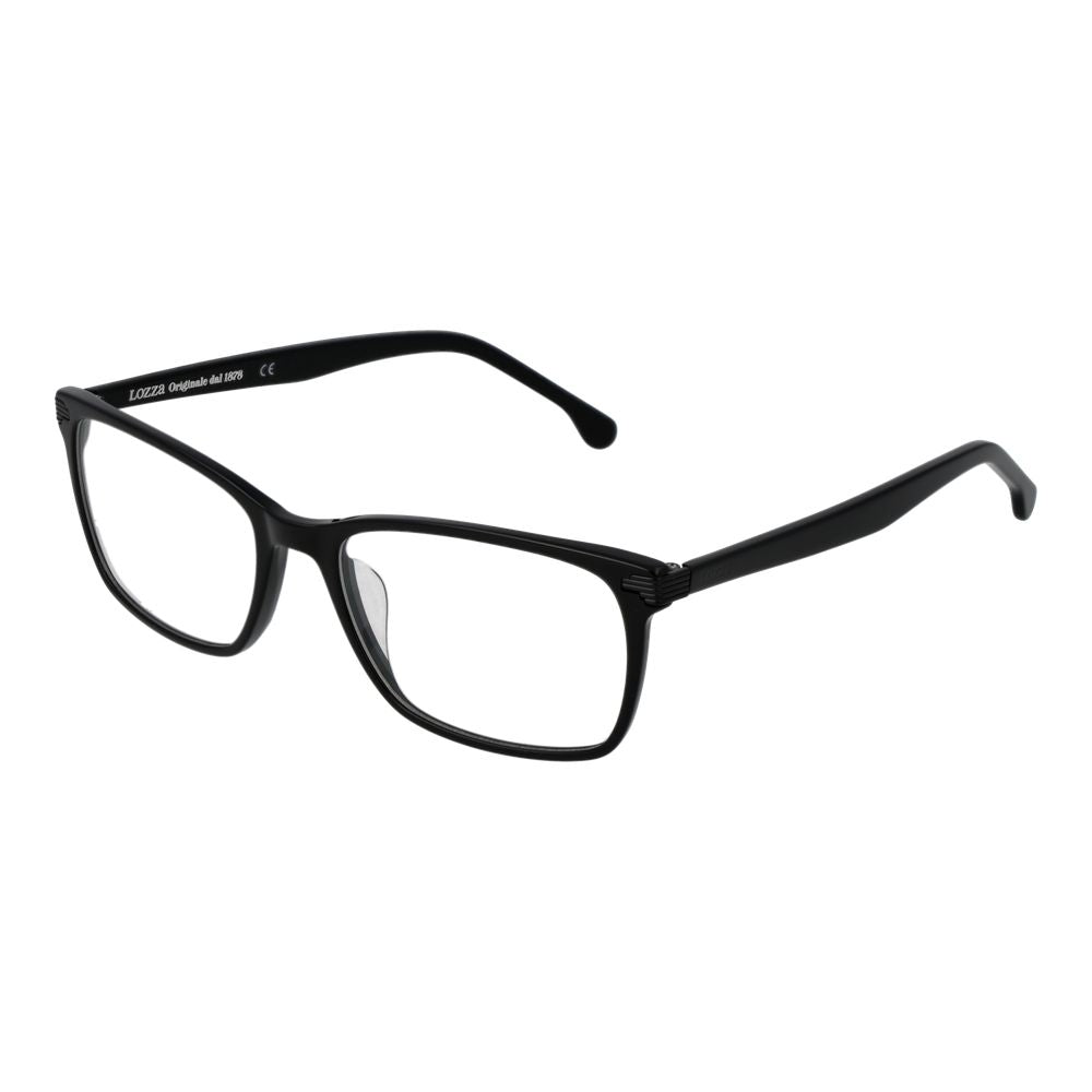 Lozza Black Men Glasses Frame with acetate full-rim black frames, rectangular style, and no spring hinge, size 49-18-140.