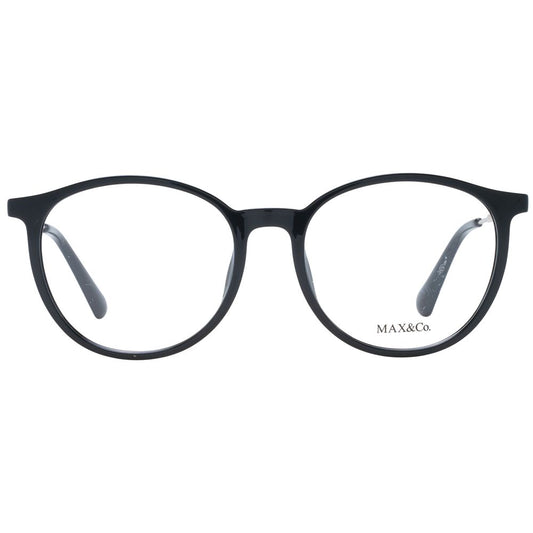 Max & Co Black Women Glasses Frame, full-rim plastic round style, with demo lenses, size 52-17-140 with a 135mm frame width.