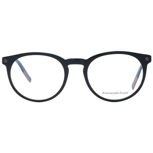Ermenegildo Zegna Black Men Glasses Frame with full-rim plastic design, round lenses, and branded case included.