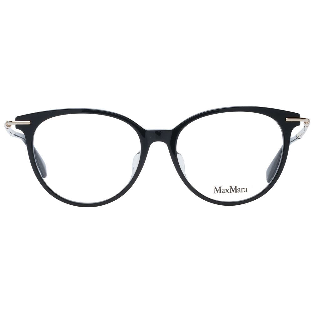 Max Mara Black Women Glasses Frame, full-rim black plastic round style with demo lenses, includes branded case.