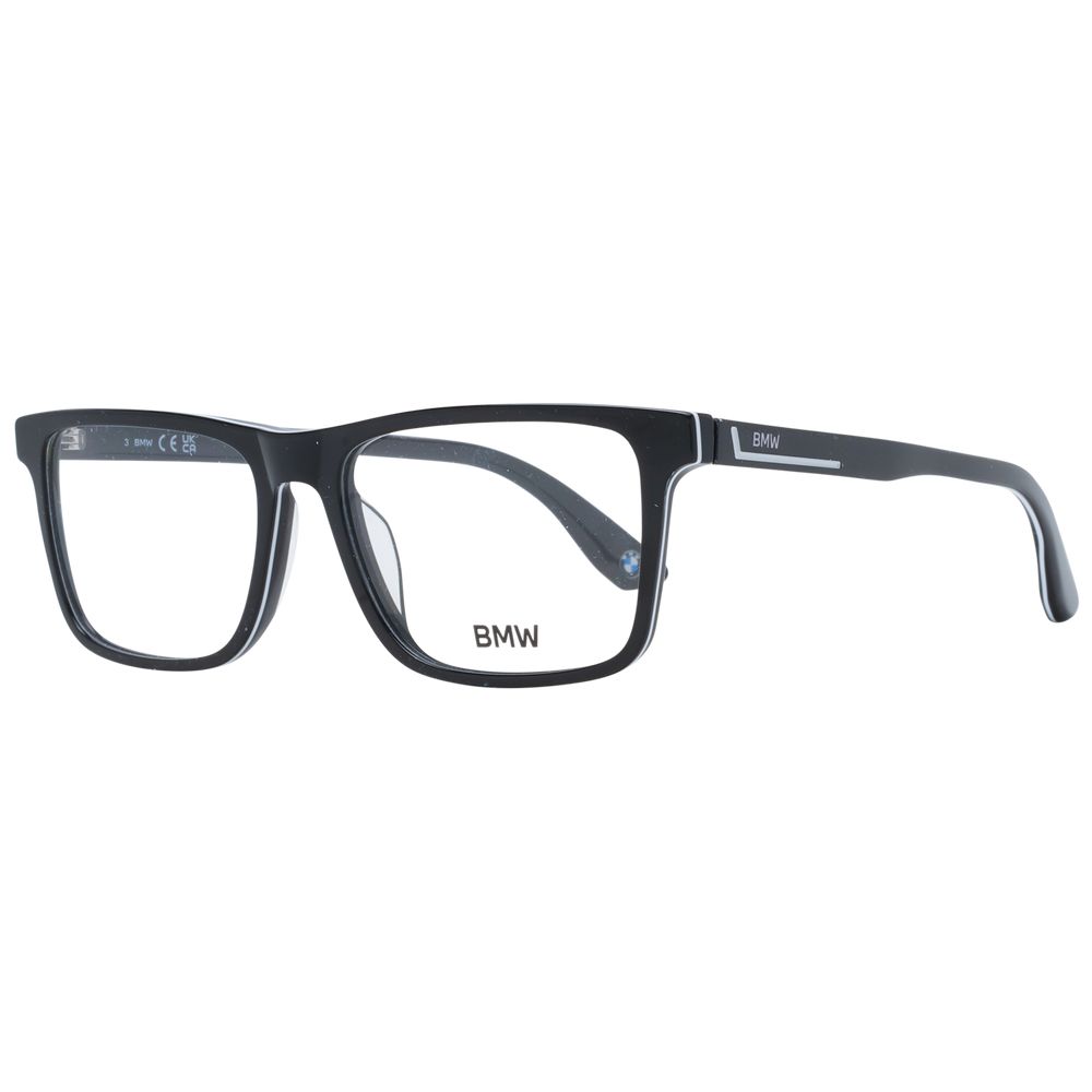 BMW Black Men Glasses Frame, full-rim black rectangular style with demo lenses, plastic material, size 55-16-150, including branded case.