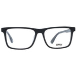BMW Black Men Glasses Frame, full-rim rectangle style with black plastic material, demo lenses, size 55-16-150, includes branded case.