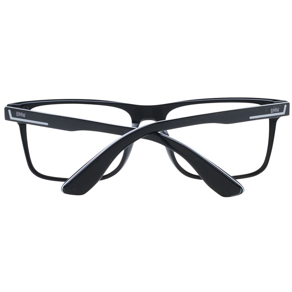 BMW Black Men Glasses Frame, full-rim black plastic frame with demo lenses, rectangle style, includes branded case.