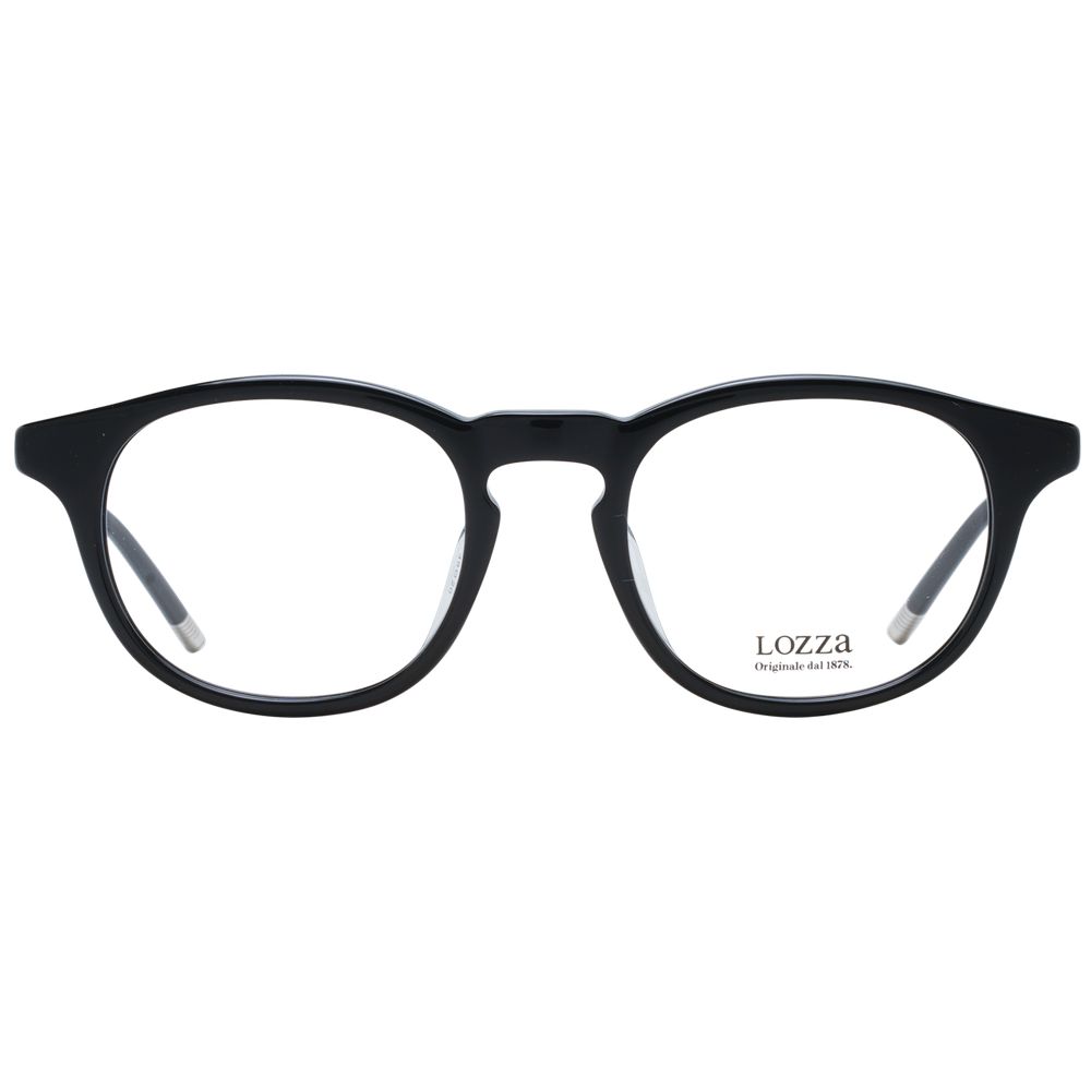 Lozza Black Men Glasses Frame with full-rim round style, made of acetate and plastic, includes branded case, sleek black design.