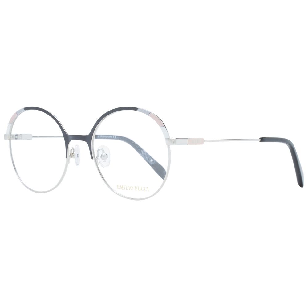 Emilio Pucci Black Women Glasses Frame with full-rim metal round design, demo lenses, and black temples, includes branded case.