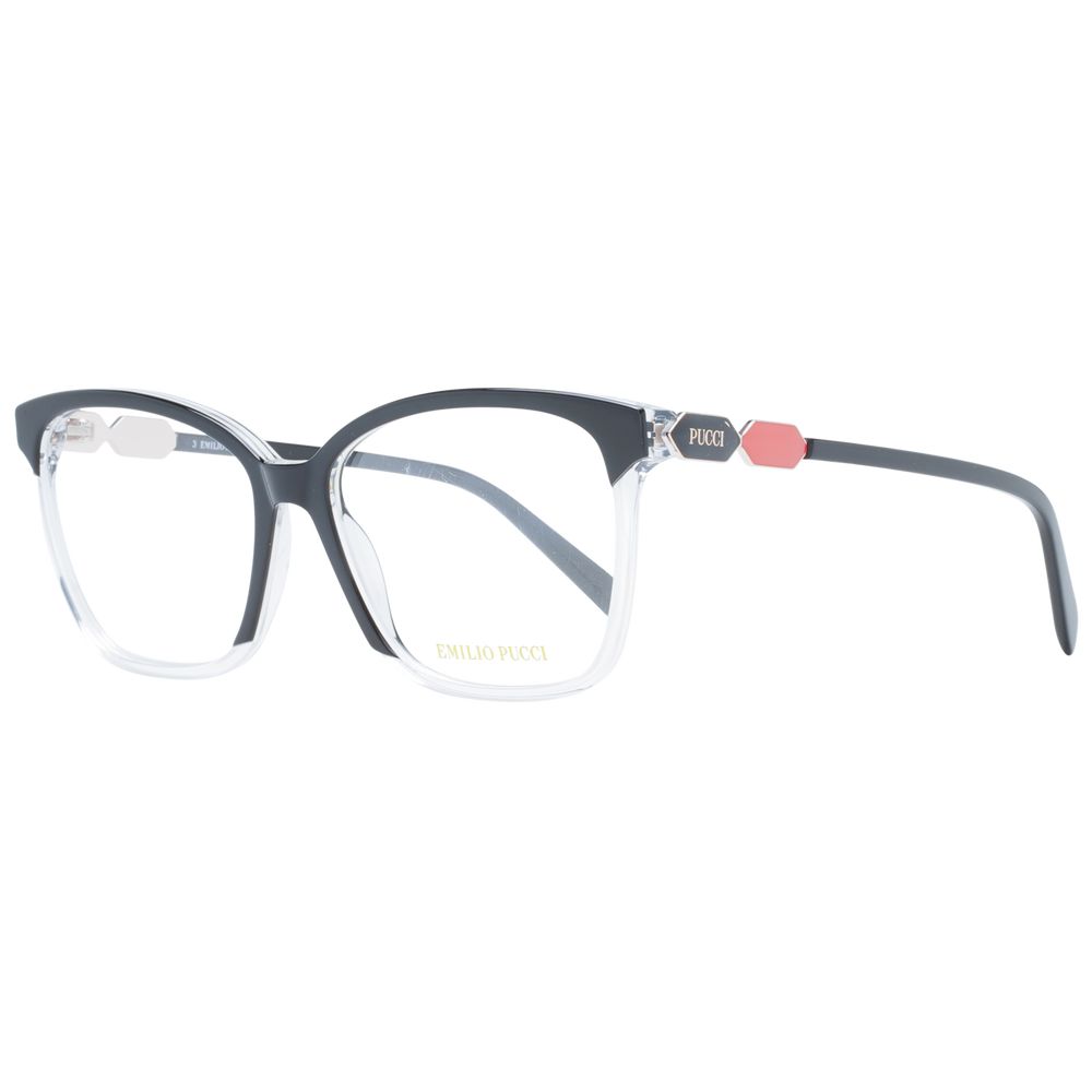 Emilio Pucci Black Women Glasses Frame, full-rim square style, plastic material, demo lenses, includes branded case.