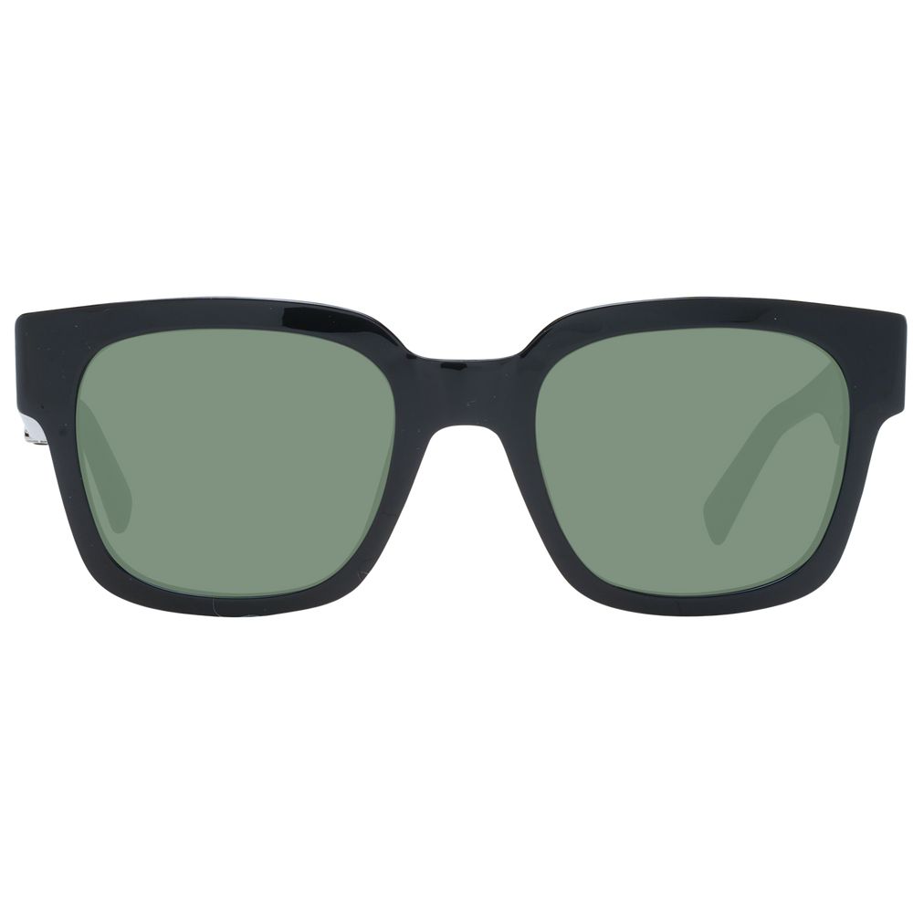 Sting Black Unisex Sunglass with full-rim acetate frame and green plastic lenses, providing 100% UVA & UVB protection. Square style with branded case.