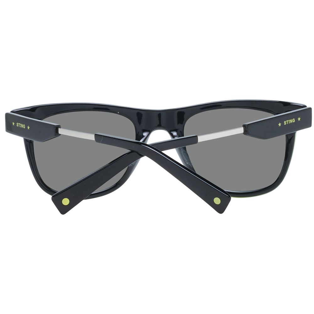 Sting Black Men Sunglass with black acetate full-rim frame, grey gradient lenses, and UV protection, includes branded case.