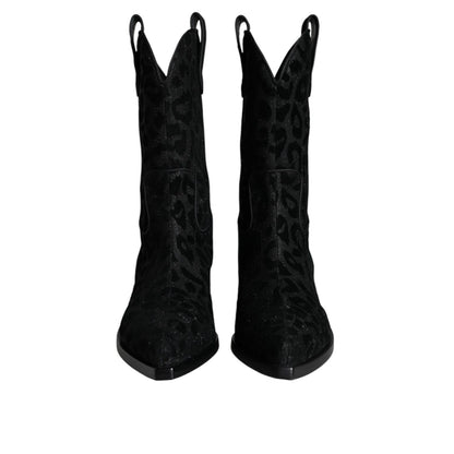 Dolce & Gabbana Black Gray Leopard Cowboy Boots Shoes