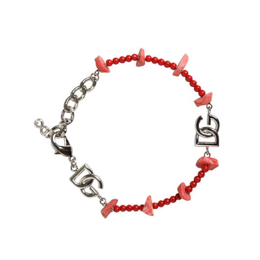 Dolce & Gabbana Silver Tone Brass Beaded Resin DG Logo Chain Bracelet SMY10383
