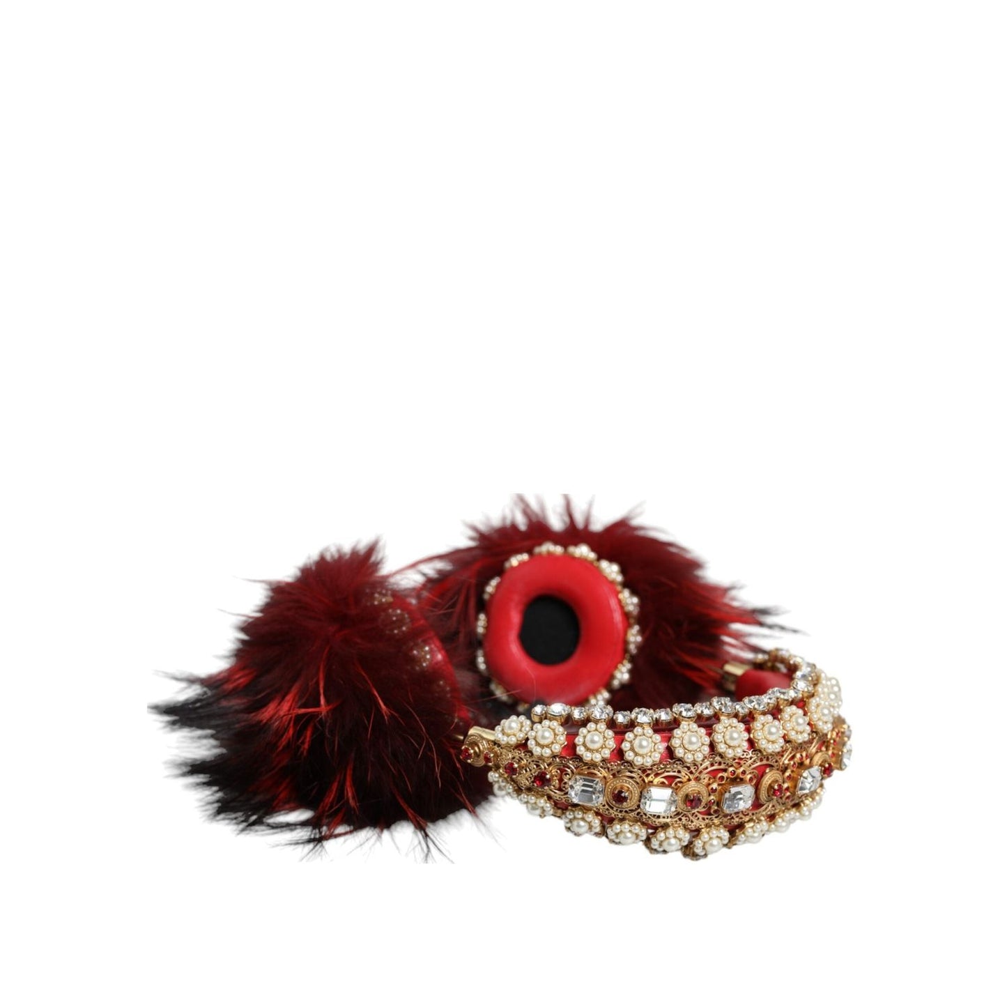 Dolce & Gabbana Red Gold Crystal Fur Headset Audio AUX Headphones