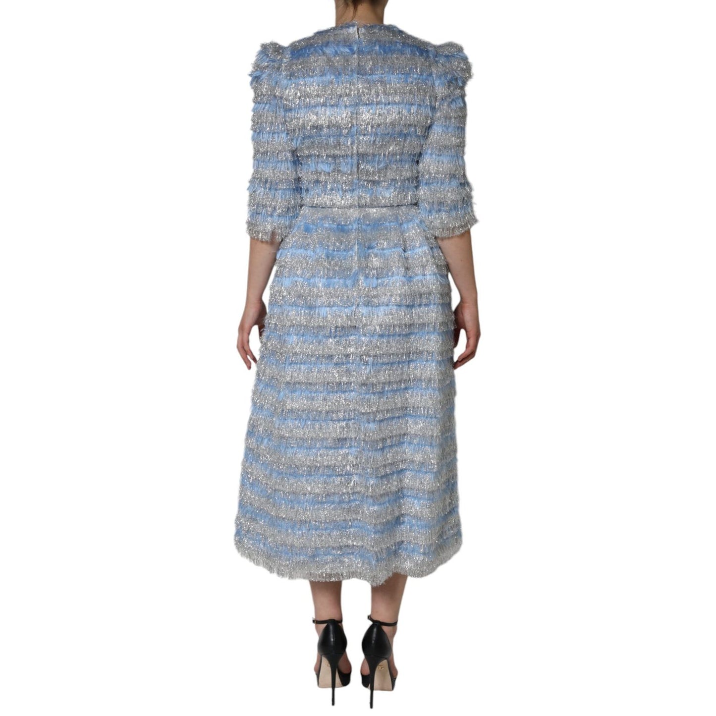 Dolce & Gabbana Light Blue Silver Jacquard A-line Midi Dress