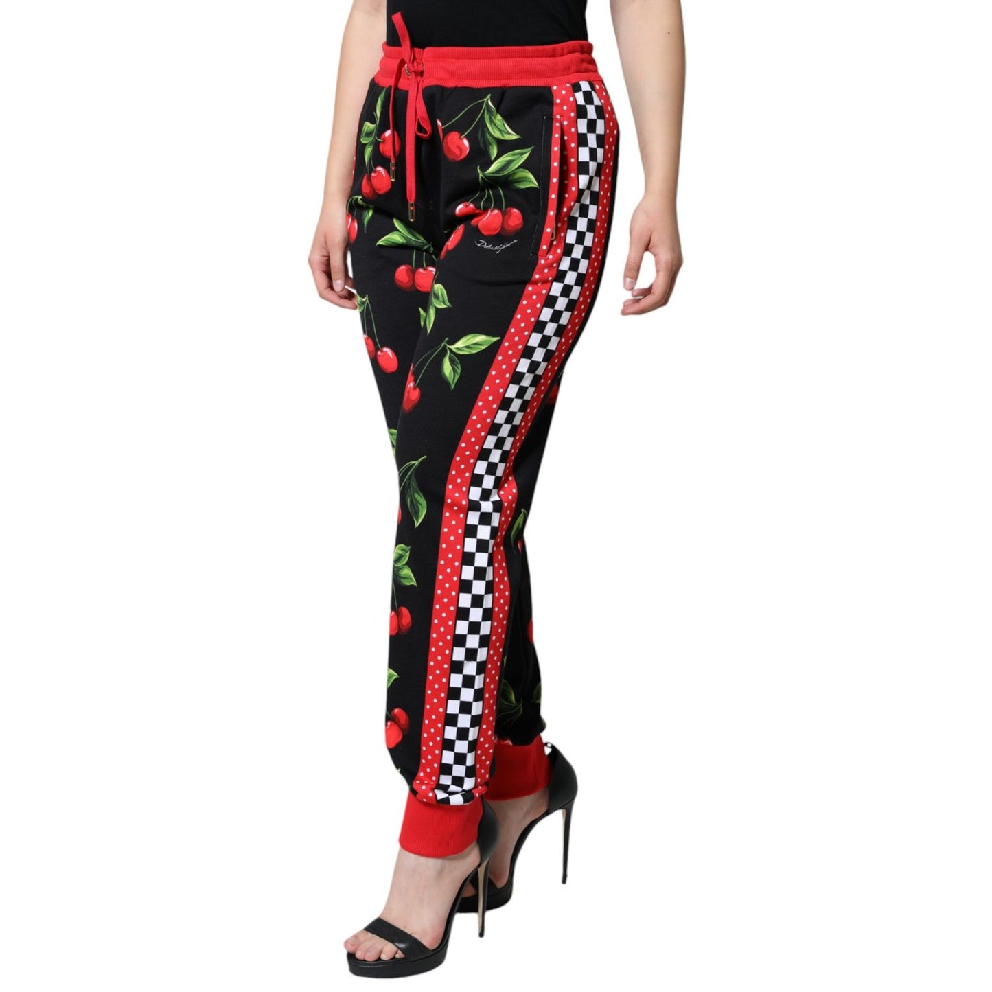 Dolce & Gabbana Black Red Cherry Mid Waist Jogger Pants