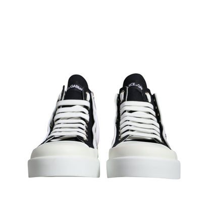 Dolce & Gabbana White Black Cotton Logo High Top Sneaker Shoes