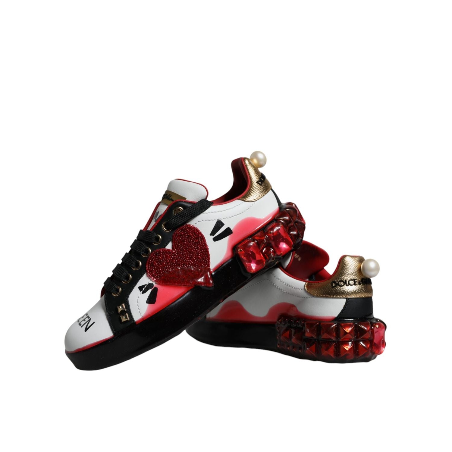 Dolce & Gabbana White Red Crystals Leather Portofino Sneakers Shoes