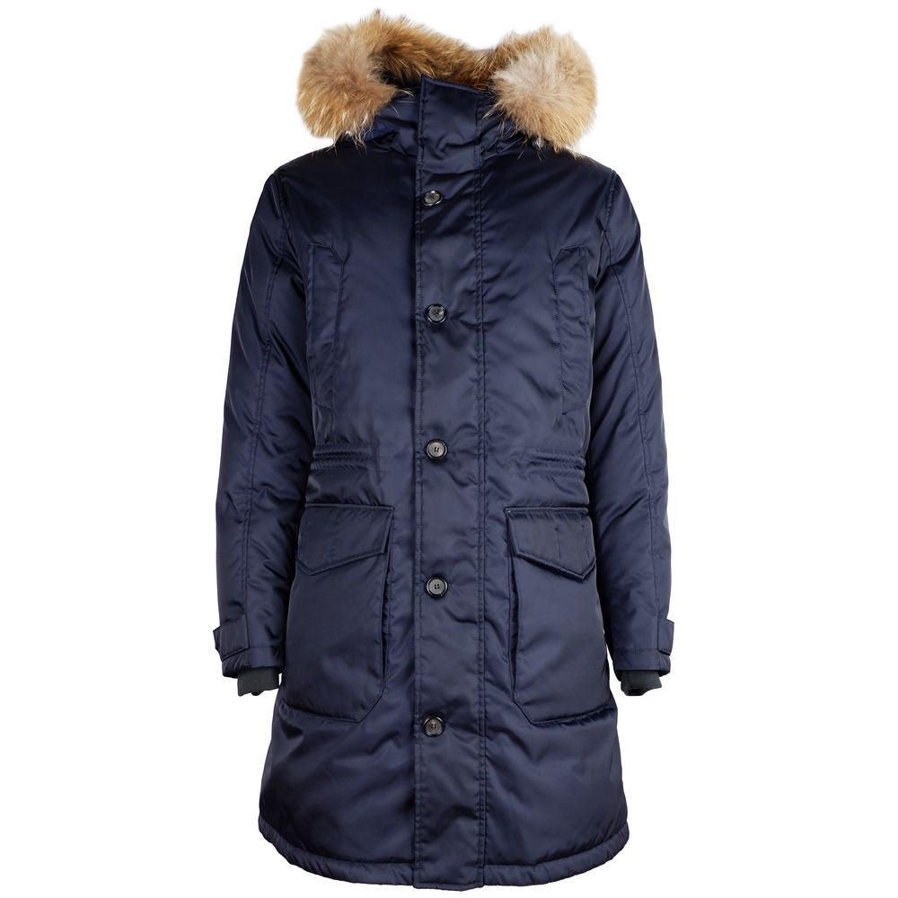 Add Blue Nylon Men Jacket with Fur-Trimmed Hood