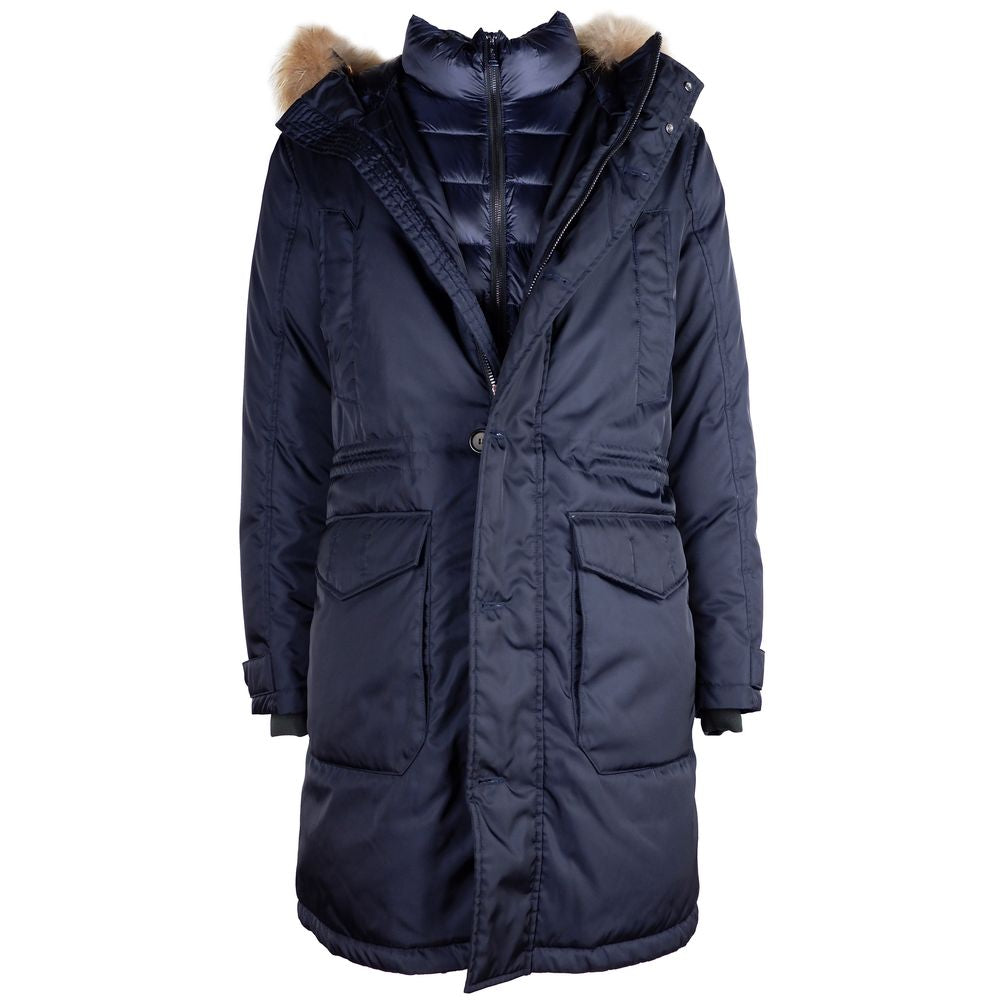Add Blue Nylon Men Jacket with Fur-Trimmed Hood