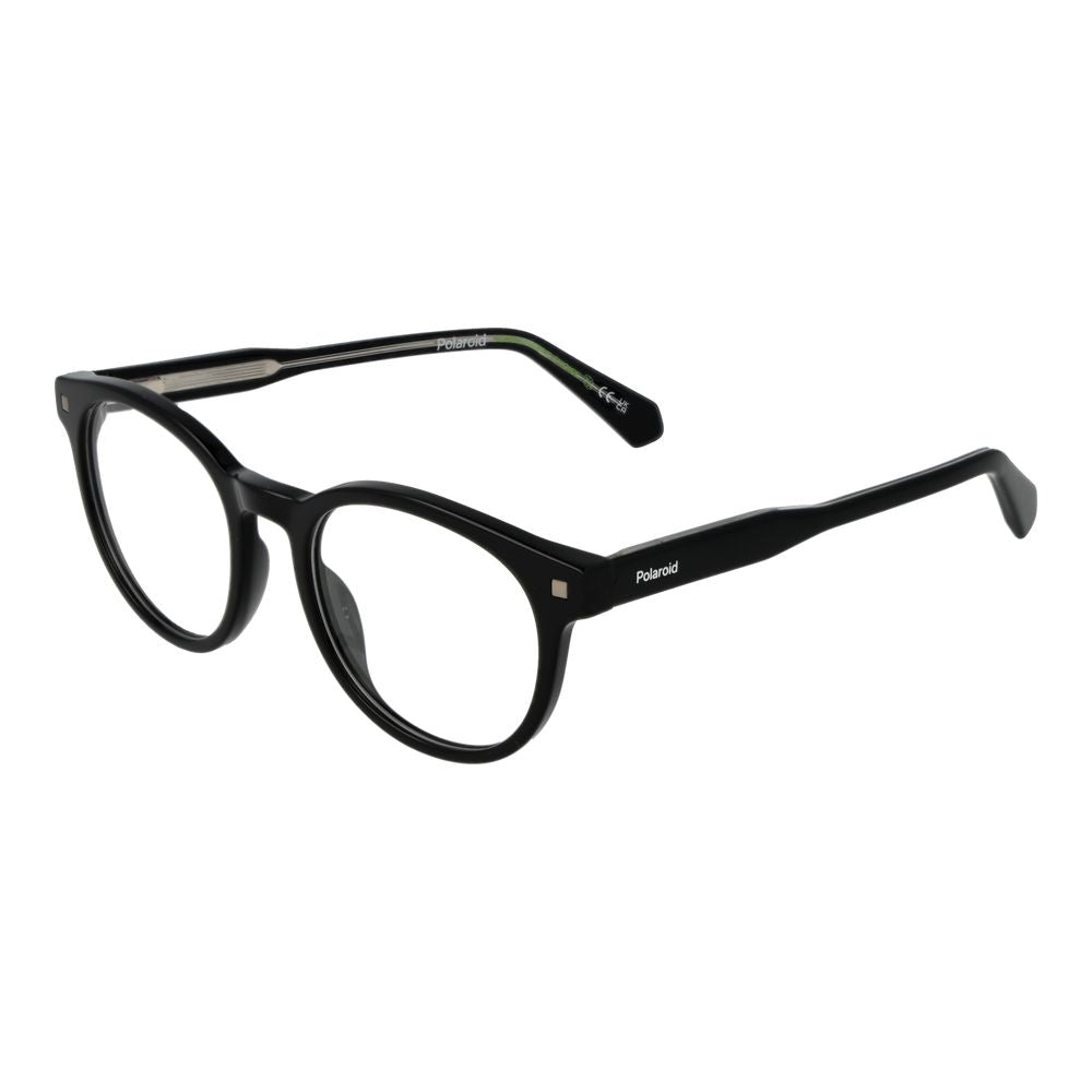 Polaroid Black Unisex Glasses Frame in eco acetate, full-rim round style, size 50-19-145, with demo lenses.