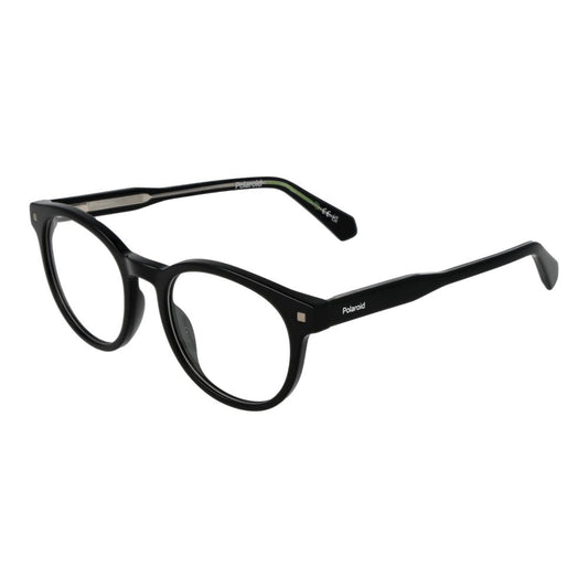 Polaroid Black Unisex Glasses Frame in eco acetate, full-rim round style, size 50-19-145, with demo lenses.