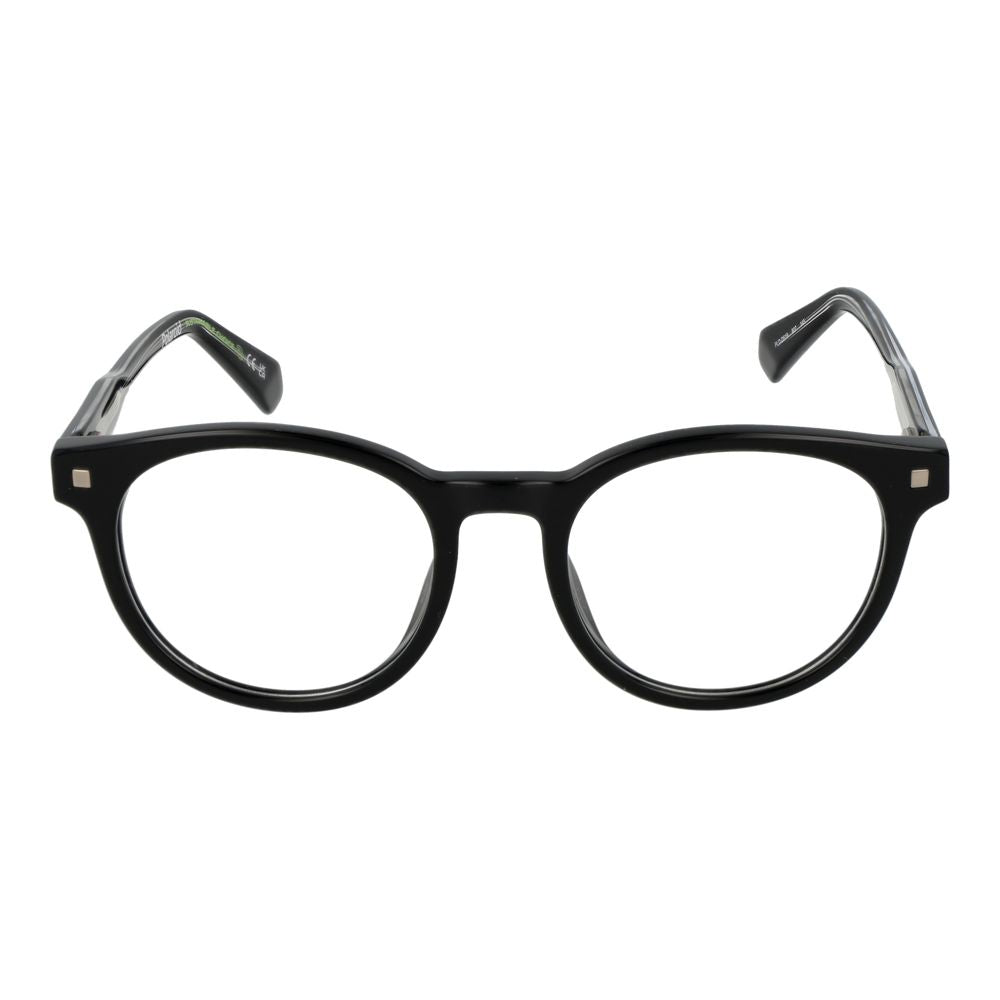 Polaroid Black Unisex Glasses Frame, full-rim eco acetate, round style, size 50-19-145, with demo lenses.