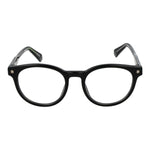 Polaroid Black Unisex Glasses Frame, full-rim eco acetate, round style, size 50-19-145, with demo lenses.