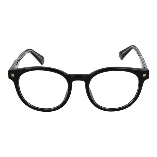 Polaroid Black Unisex Glasses Frame, full-rim eco acetate, round style, size 50-19-145, with demo lenses.