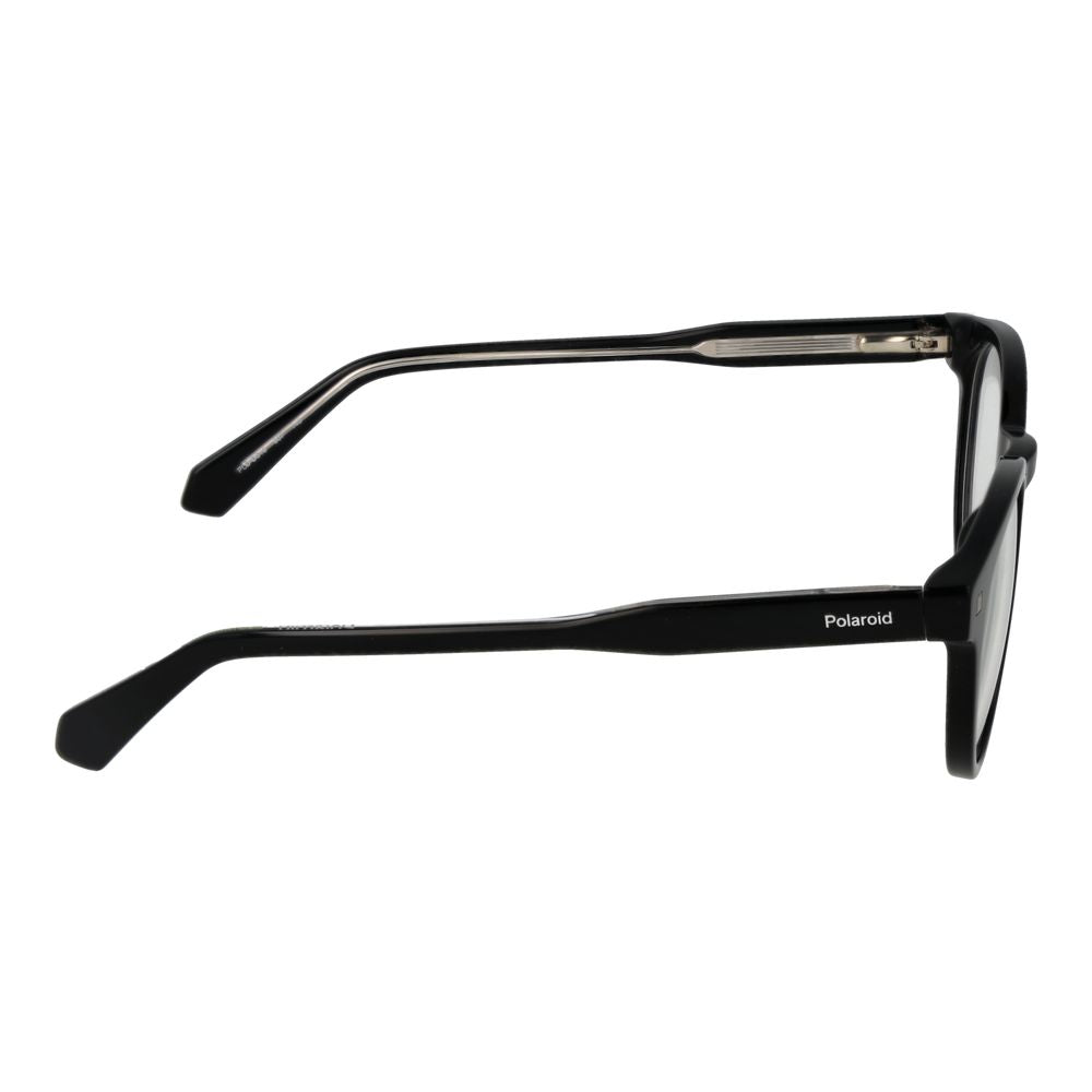 Side view of Polaroid Black Unisex Glasses Frame made of eco acetate with full-rim design and spring hinge, style round.