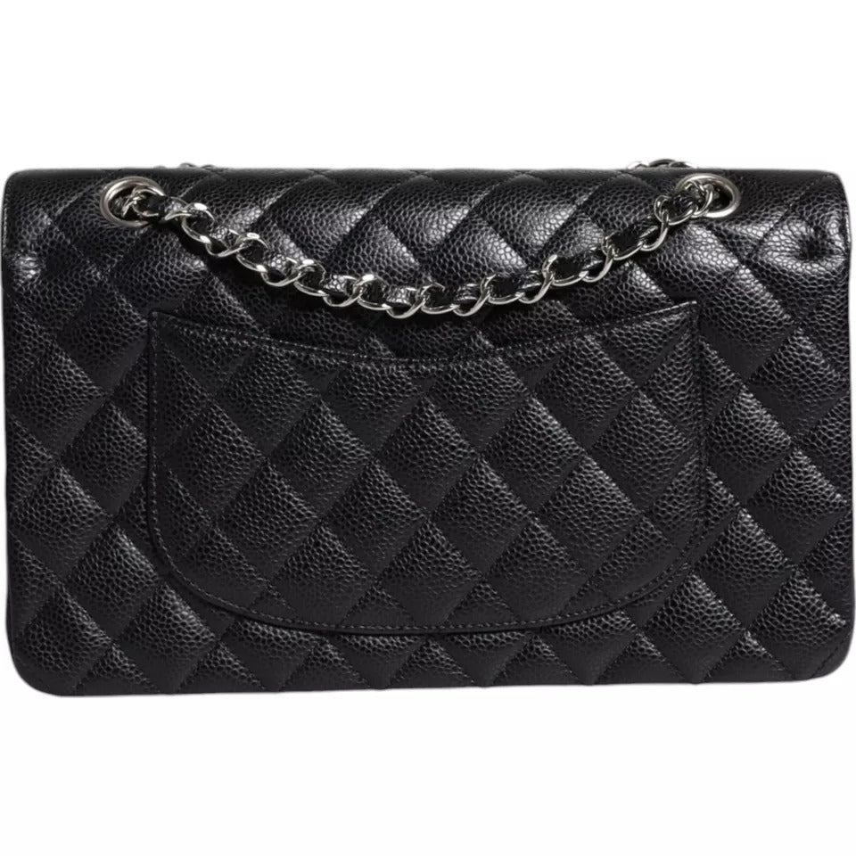 Chanel Black Caviar Medium Classic Double Flap Shoulder Quilted Silver Bag cha187
