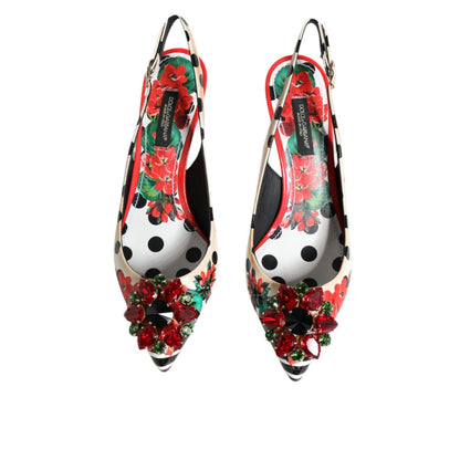Dolce & Gabbana Multicolor Leather Crystal Heels Slingback Shoes