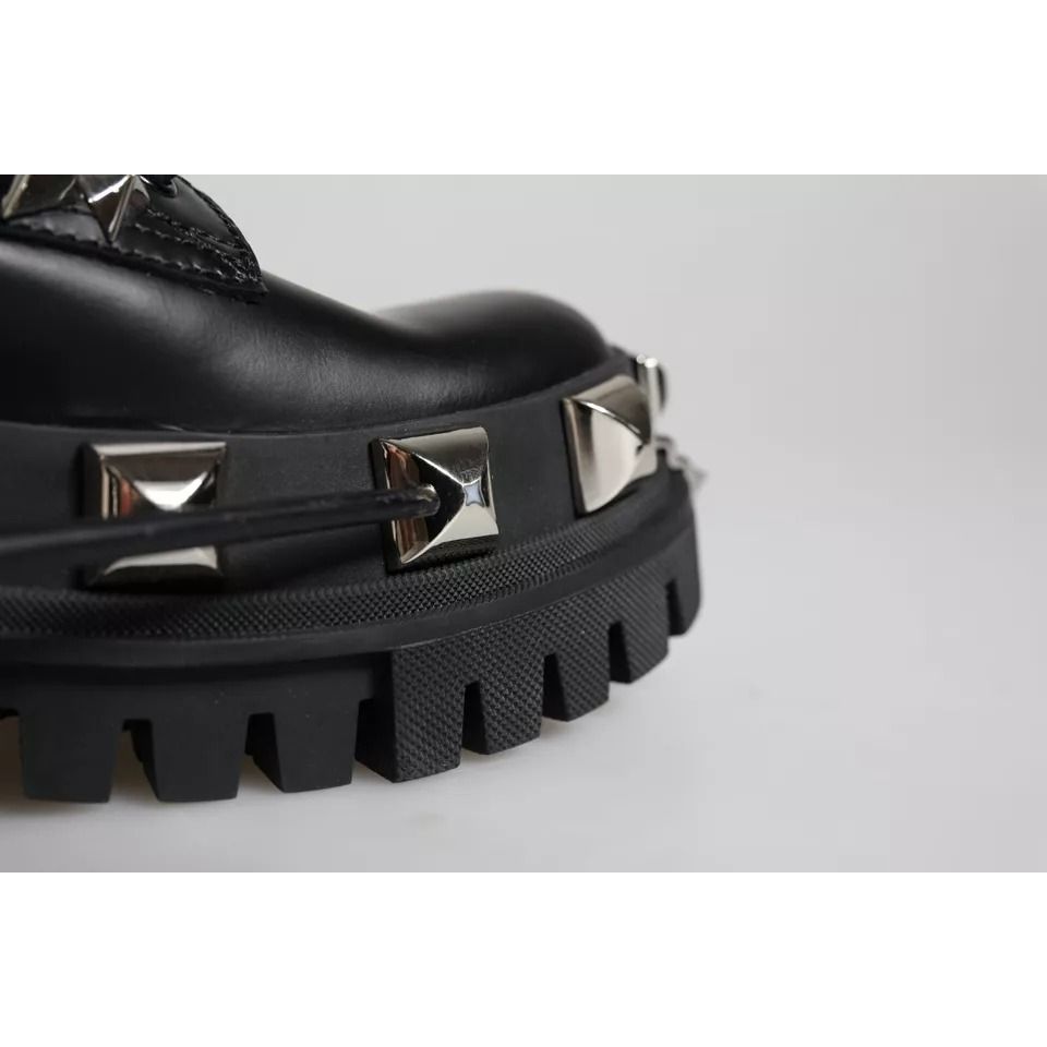 Dolce & Gabbana Black Leather Studded Trekking Boots Shoes