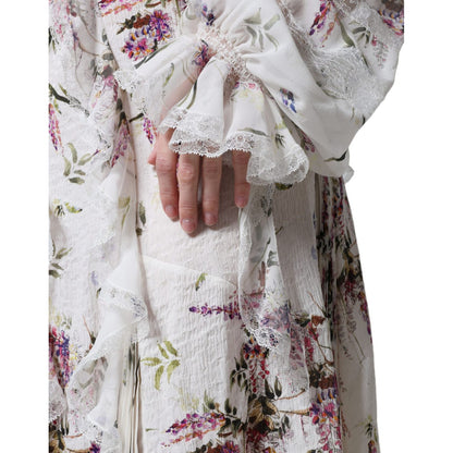 Ermanno Scervino White Floral Ruffles Lace Long Sleeves Maxi Dress
