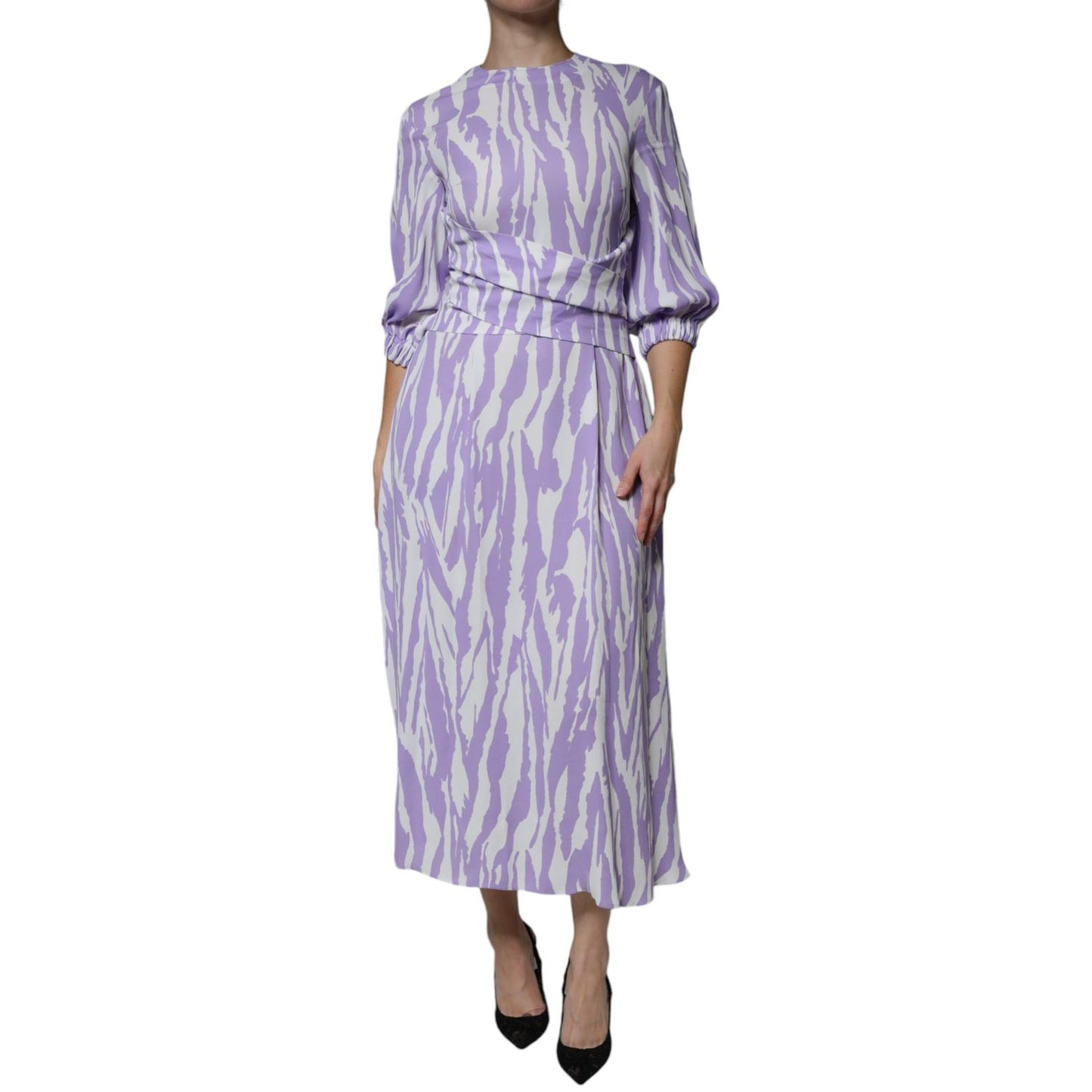 MSGM White Purple Patterned Viscose Short Sleeves Maxi Dress