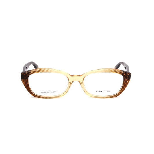 Bottega Veneta Brown Acetate Frames in transparent brown, rectangular design, 52/18/0 mm, women's eyewear made of acetate material.