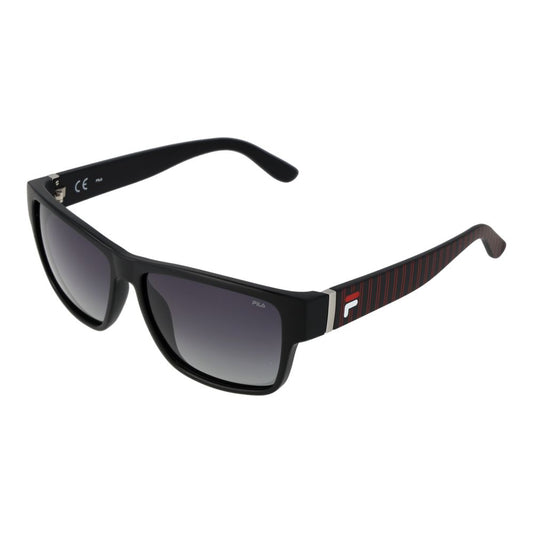 Fila Black Men Sunglass with full-rim plastic frame and polarized grey lenses, perfect for UVA/UVB protection and style.