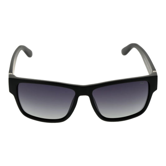 Fila Black Men Sunglass with black plastic frame, full-rim style, grey polarized & gradient lenses, and UV protection.