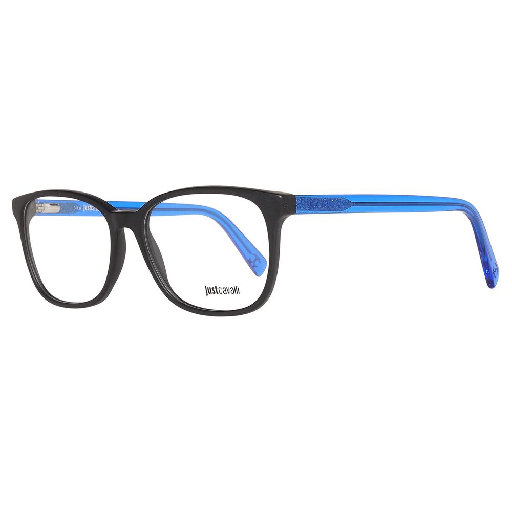 Just Cavalli Black Plastic Frames JC0685-002-54 side view with blue temples, unisex glasses, 54mm lens size, black color