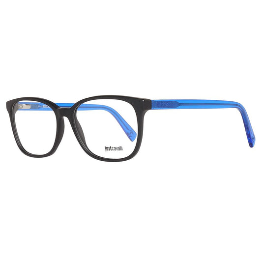 Just Cavalli Black Plastic Frames JC0685-002-54 side view with blue temples, unisex glasses, 54mm lens size, black color