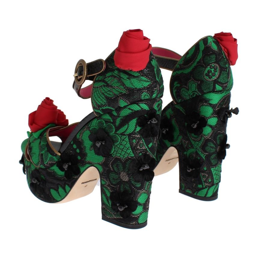 Dolce & Gabbana Green Brocade Snakeskin Roses Crystal Shoes