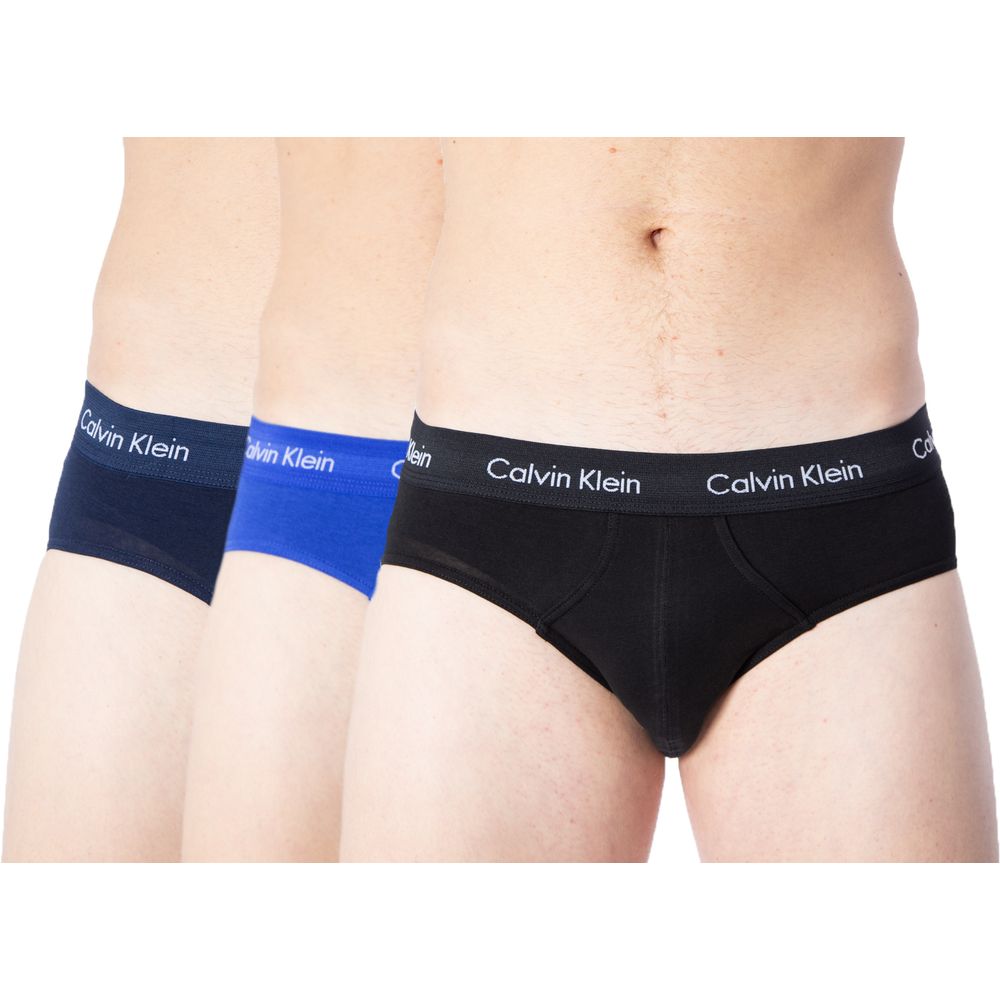 Calvin Klein Underwear Blue Cotton Underwear displayed on mannequins, showcasing elastic logo waistband and classic fit in various colors.