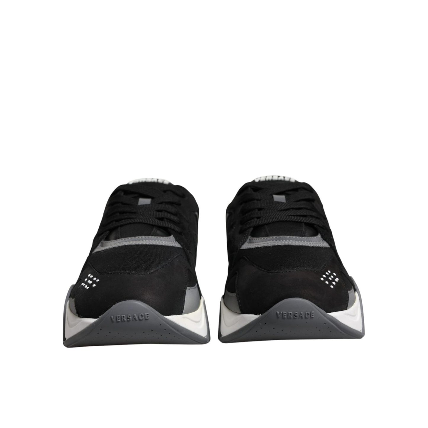 Versace Black Leather Neoprene Chunky Low Top Sneakers Squalo Shoes