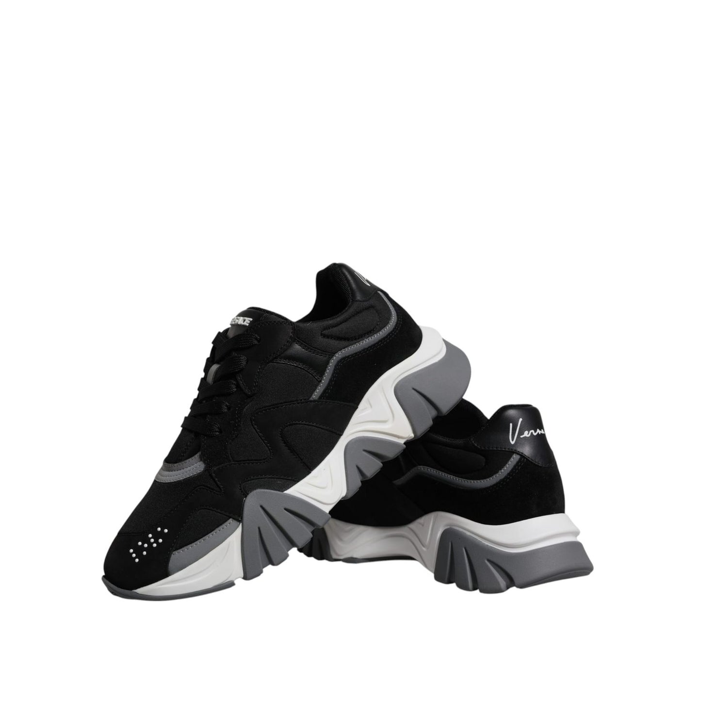 Versace Black Leather Neoprene Chunky Low Top Sneakers Squalo Shoes