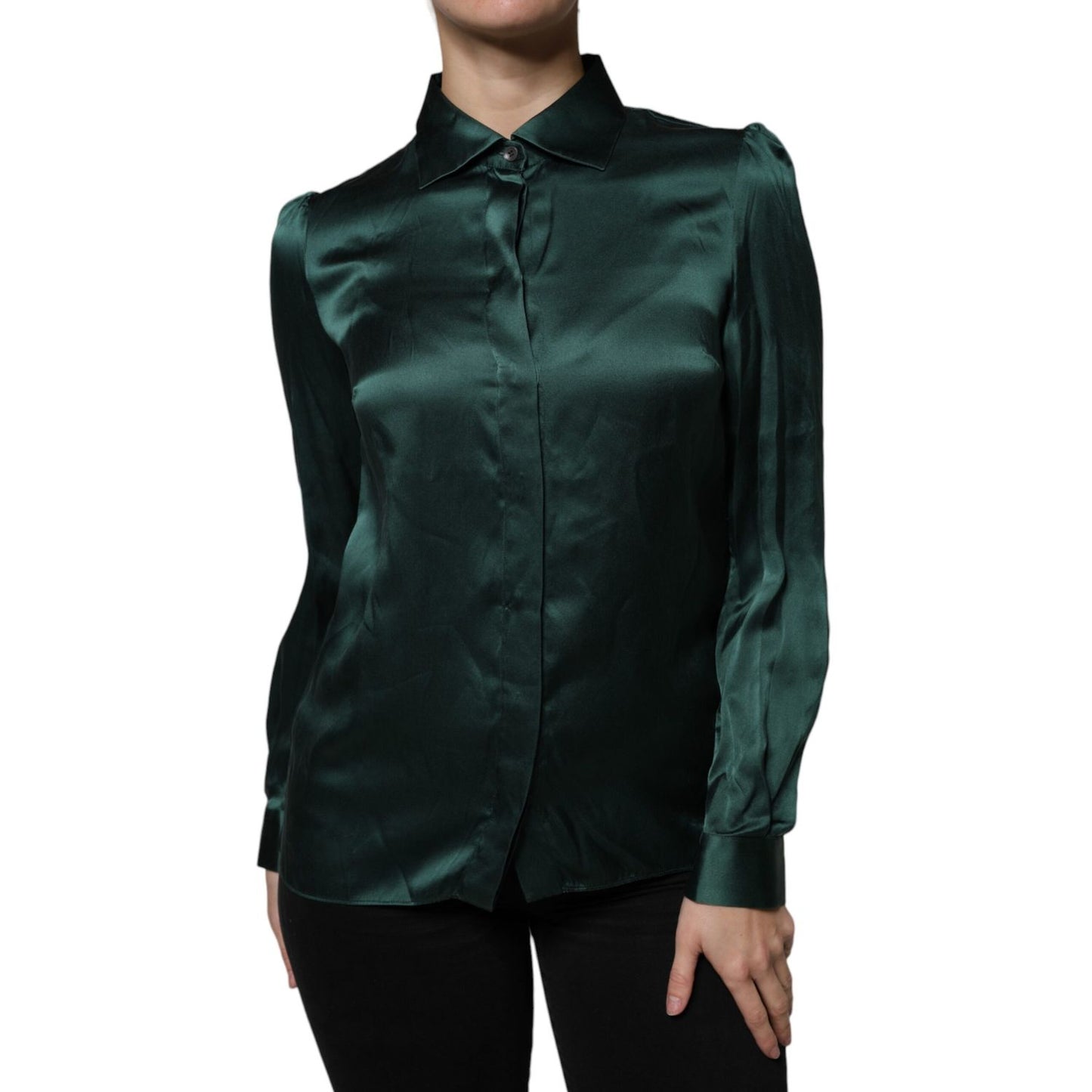 Dolce & Gabbana Dark Green Silk Button Down Long Sleeves Blouse Top