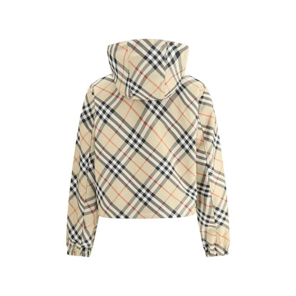 Back view of Burberry Brown Polyester Shell Jacket with iconic Check Archivio pattern, adjustable drawstring hood, and elasticized cuffs.