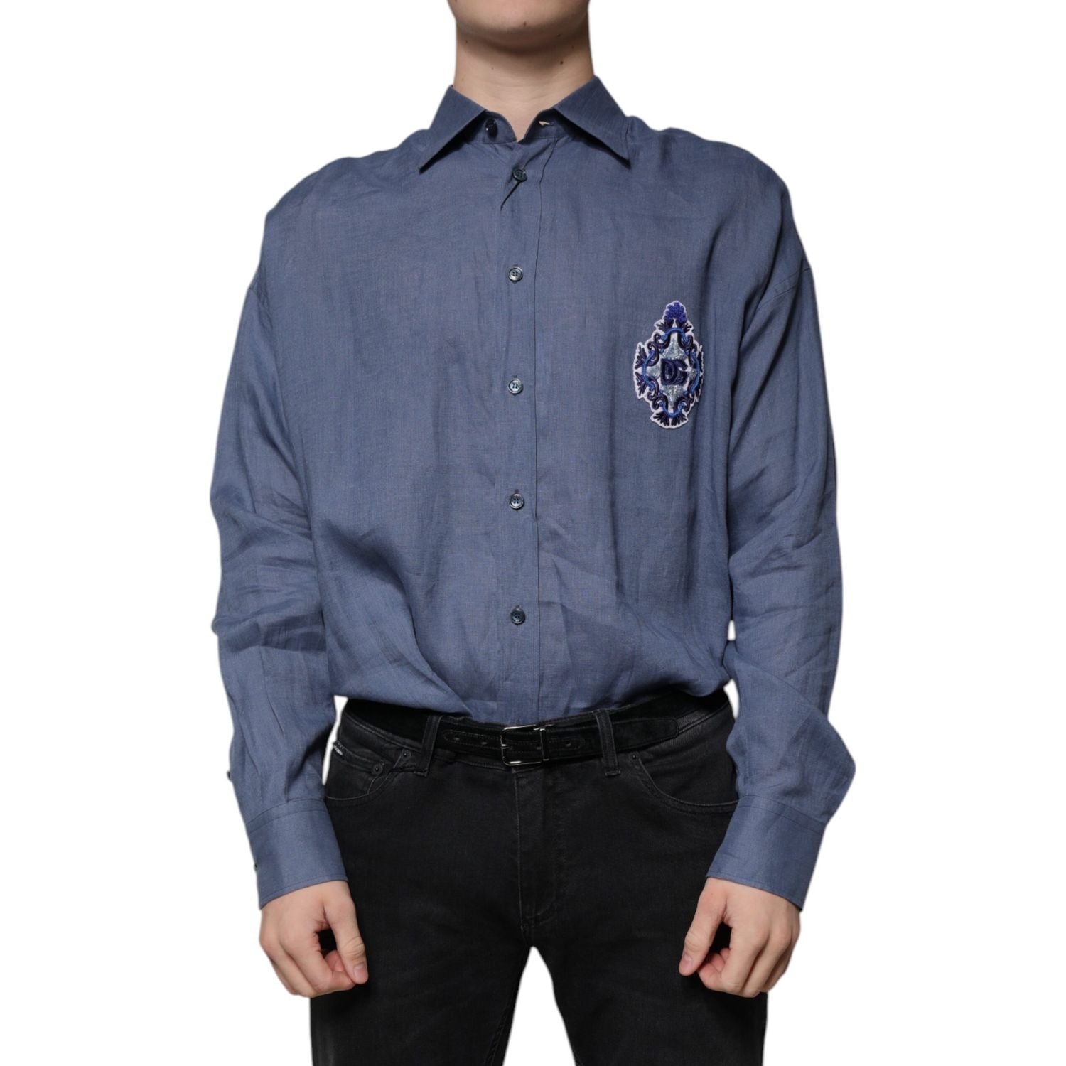 Dolce & Gabbana Blue Logo Long Sleeve Button Down Casual Shirt