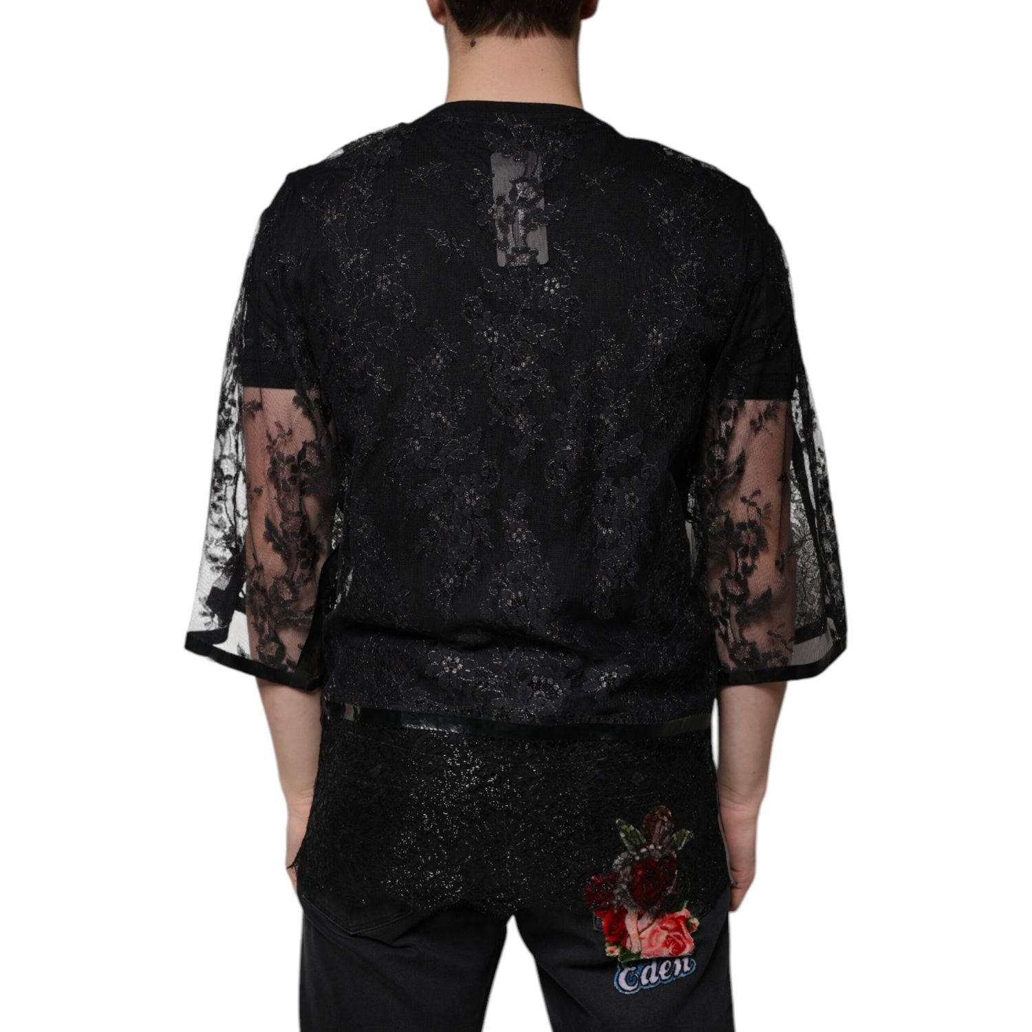 Dolce & Gabbana Black Nylon Floral Lace Crew Neck T-shirt