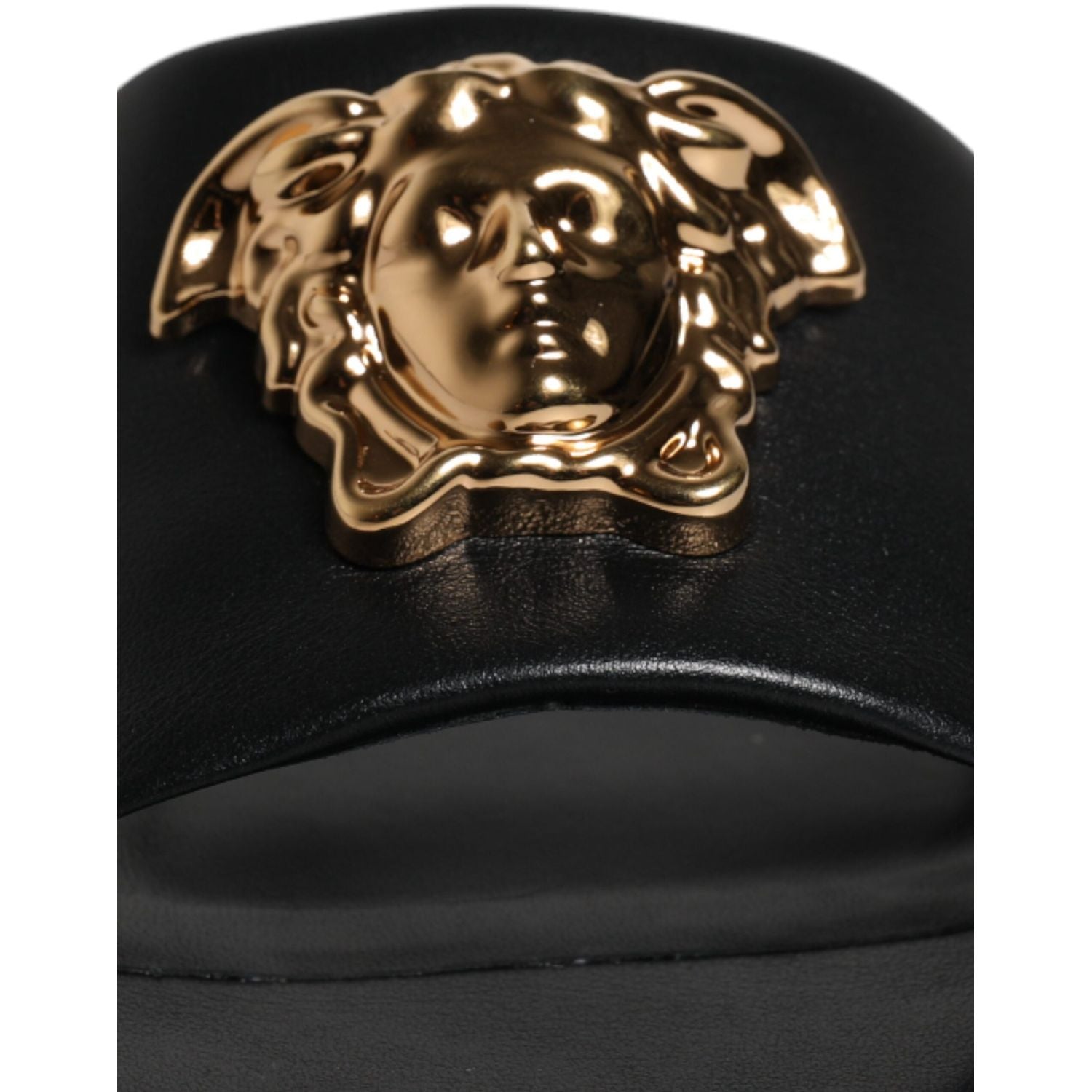 Versace Black Leather Logo Plaque Slip On Slides Flats Shoes