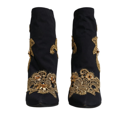 Dolce & Gabbana Black Gold Embroidery Slip On Boots Shoes