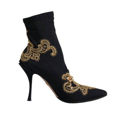 Dolce & Gabbana Black Gold Embroidery Slip On Boots Shoes