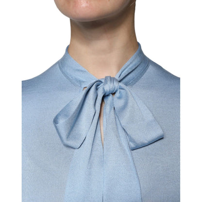 Dolce & Gabbana Blue Silk Knit Pullover Ascot Collar Top