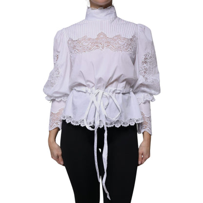Dolce & Gabbana White Cotton Lace Trim Turtleneck Blouse Top